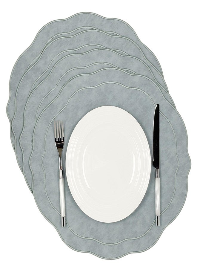 Bryonia Embroidered Scalloped Faux Leather Placemats Set of 4 - Soft, Wipeable Luxury Dinner Table Mats for Dining & Kitchen Decor, 17.25" x 15", Light Blue Gray - Image 1